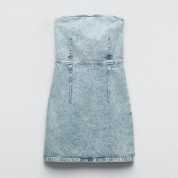 Zara Denim Strapless 1975 Mini Dress Light Washed Blue NWT Size Small - Picture 2 of 9